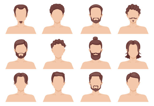 Man hairstyles. Male portraits with different haircuts. Beards and mustaches. Straight, wavy or curly brunette hairs. Human head. Long and short hairdo. Barbershop models. Recent vector set