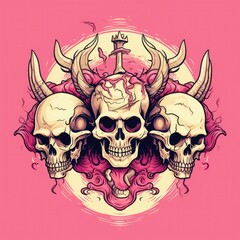 Three Skulls With Horns on a Pink Background