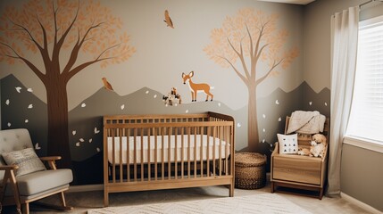 A woodland-themed nursery with tree mural, woodland creature decor, and soft earthy tones for a calming and natural ambiance.