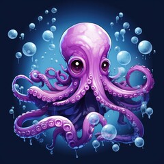 A Purple Octopus Surrounded by Bubbles