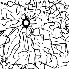 In a white hole or circle there are various stripes and curved lines with threads.