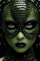 The Enigmatic Beauty: A Woman Transformed with Mysterious Green Face and Dramatic Black Makeup