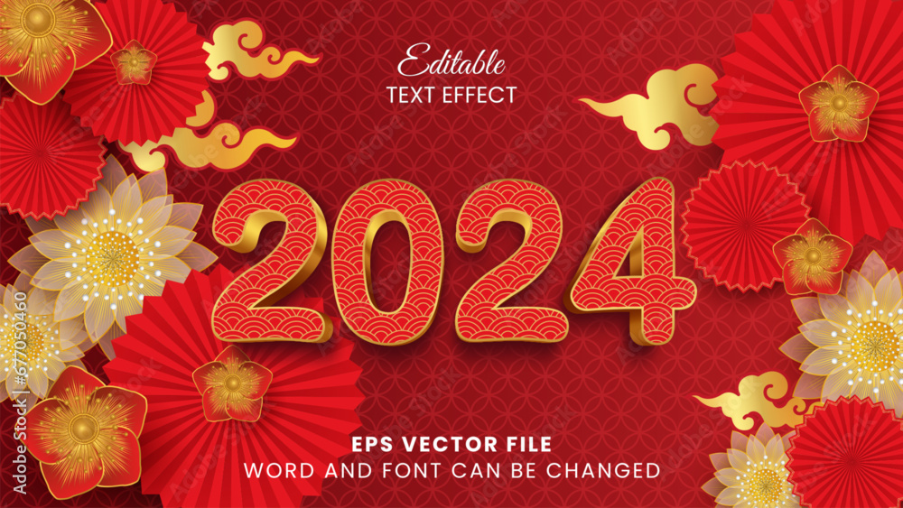 Wall mural 2024 chinese new year 3d editable text effect. 2024 chinese pattern text style