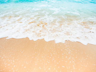 Beach Sand Sea Ocean Background Wave Blue Water Summer Shore Seaside Foam Calm Sandy Coast Beautiful Seascape Island Tropical nature, Mockup Tourism Travel Vacation Relax Holiday.
