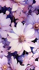 Floral seamless border pattern. Purple and white blossoms, illustration, texture for industry, summer sale, print for fabrics and textile.