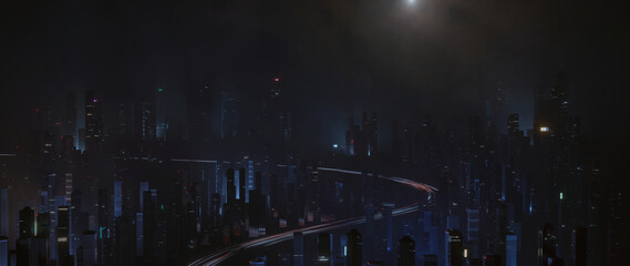 3D Rendering of trail lights from highway and light reflection from buildings in mega city at night. Concept of technology background, cyberpunk, fin tech, big data, 5g fast network, AI