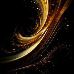 Abstract motion glowing wavy lines. Golden particles flash abstract background with glowing gold dust on a black background. Abstract image of luxury concept. AI generative. 