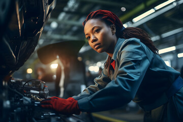 Factory afro american female worker working assembly line in a industry