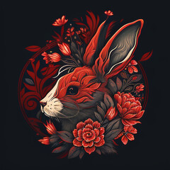 Lunar Blessings: Red Rabbit Head and Flowering Symbol