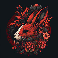 Crimson Rabbit: Chinese Zodiac Animal and Blossoming Flower