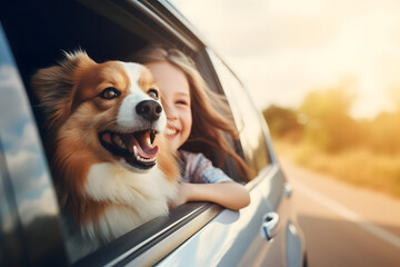 Child and dog sticking their heads out of the car window