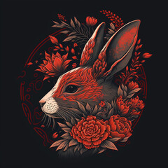 Lunar Harmony: Red Rabbit and Blossoming Floral Design
