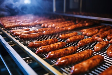 Photo of hot dogs grilling on a summer barbecue. Industrial smoking of sausages and meat products in a factory. sausage in the smokehouse. flavorful sausages. - obrazy, fototapety, plakaty