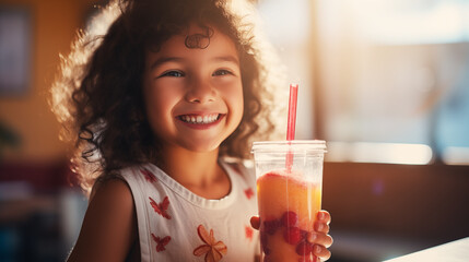 Candid photo of a joyful cute girl taking a big sip of a smoothie from a transparent tall glass, which radiates pure happiness and simplicity of the morning in a modern kitchen