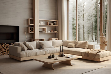 Luxury living room with white sofa and wooden furniture