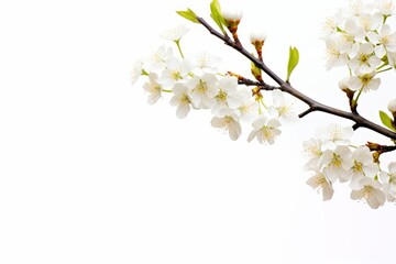 White cherry blossom flowers branch on white background, Generative AI