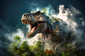 A huge dinosaur Tyrannosaurus T-rex against the backdrop of the primeval jungle. Prehistoric owner...