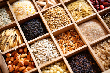 Different types of cereal and beans that have a variety of nutritional benefits. Natural food products. Harvest.