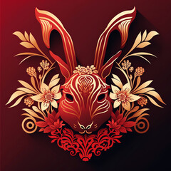 Floral Harmony: Red Rabbit Head and Chinese Zodiac Symbol