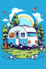 A Serene Retreat: Blue and White Camper in the Peaceful Woods
