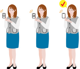 スマホの画面を見せて説明するOLのイラストセット