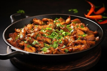 Fototapeta premium Photo of a delicious and colorful pan of savory meat and vegetables on a rustic table. Cast iron frying pan with aromatic fried meat. Country homemade food. Meat delicacy.