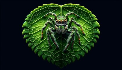 extreme macro of jumping spider sitting on green leaf isolated on black, background, wildlife wallpaper - Powered by Adobe