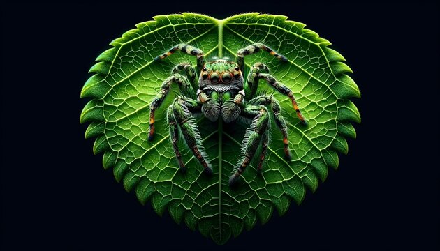 extreme macro of jumping spider sitting on green leaf isolated on black, background, wildlife wallpaper