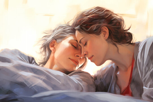 LGBT concept. A loving couple of spirit women lie in bed. Love and romance. two young lesbians. Happy morning for lovers. Valentine's Day.