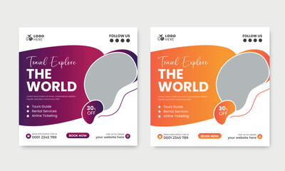 Travel sale social media post template. Web banner, flyer or poster for traveling agency business offer promotion. Holiday and tour advertisement banner design