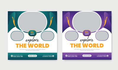 Travel sale social media post template. Web banner, flyer or poster for traveling agency business offer promotion. Holiday and tour advertisement banner design