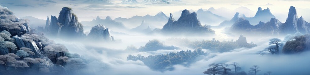 Obraz premium Mystical Mountains: An Enchanting Painting of a Foggy Mountain Landscape