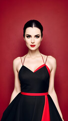 Fashion model in black and red gown dress