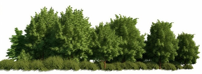 forest landscape, hedge as a natural border with green trees and shrubs, isolated on white background banner, Generative AI - obrazy, fototapety, plakaty