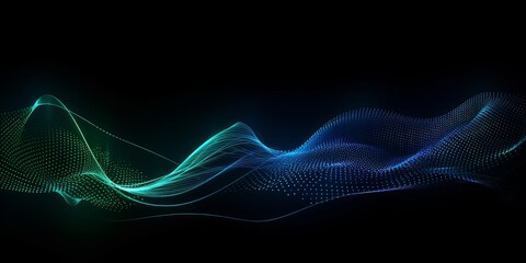 Flowing dot particles wave pattern blue and green gradient light isolated on black background.  in concept of AI technology, science, music, Generative AI