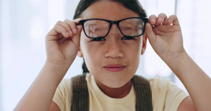 Child, eyeglasses and portrait for eyewear, lens frame and fitting glasses to see, vision and eyesight. Prescription, blurred and shop for optometry, eye care and optics for visual choice accessory