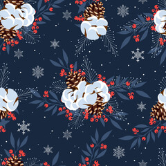 Merry christmas seamless pattern with cotton, plants and red berries. Merry Christmas vector illustration.