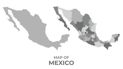 Greyscale vector map of Mexico with regions and simple flat illustration