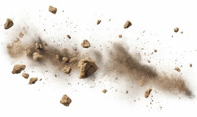 flying rocky debris and dust, isolated on white background, Generative AI - obrazy, fototapety, plakaty