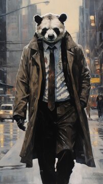 The Enigmatic Stroll of a Masked Man: A Captivating Painting Depicting a Panda-Clad Figure