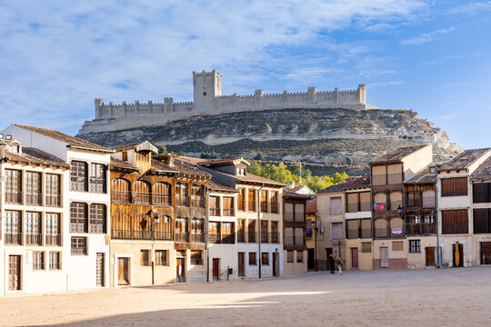Pe&ntilde;afiel, Spain - October 12, 2023: old square, where bullfighting festivals are held, called Plaza del Coso, in the city of Pe&ntilde;afiel, Valladolid, Spain