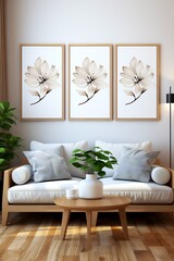 Living room with white couch and three images on the wall.