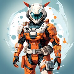 Orange and black robot standing in front of blue background.