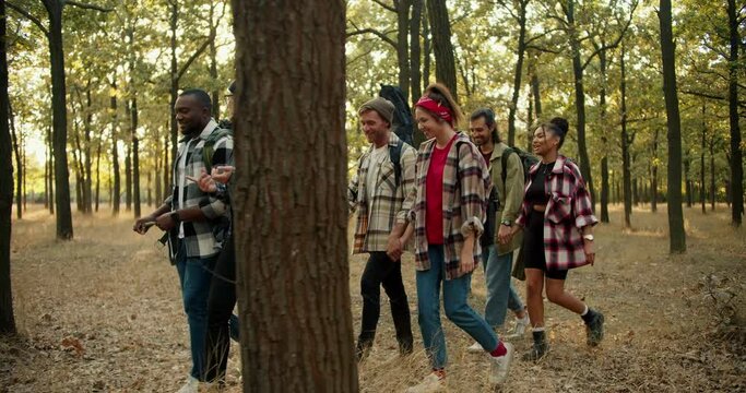 A happy group of people in plaid shirts and hiking clothes go on their small hike through the summer forest. Multi-national group on a hike