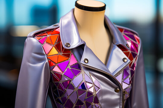 Mannequin wearing shiny jacket with colorful design on it.