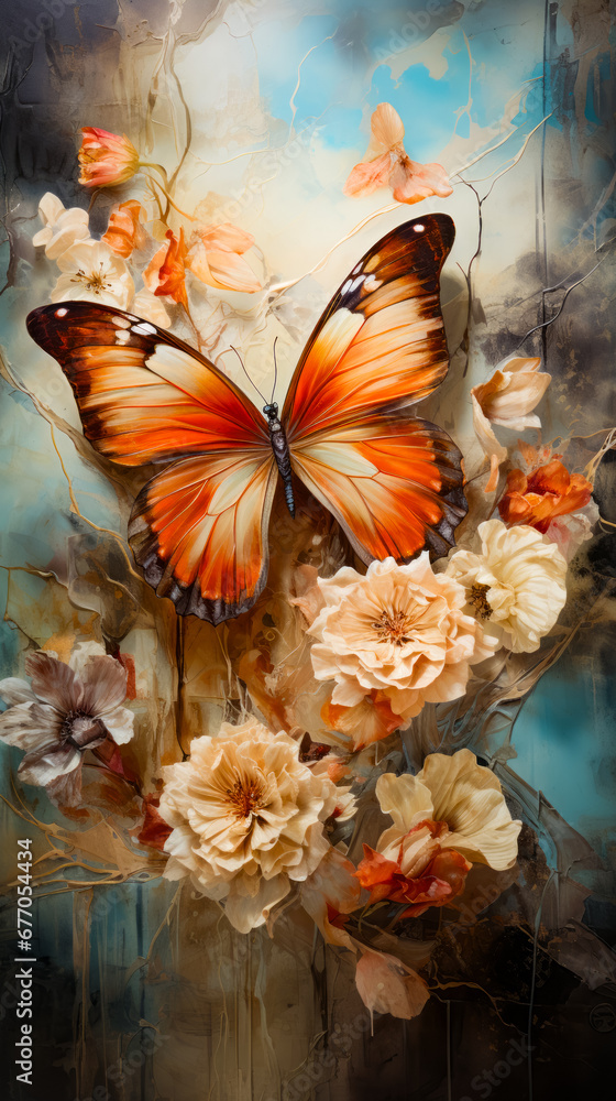 Wall mural image of butterfly and flowers on blue background.