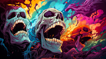 Two skulls with their mouths open in front of colorful background.