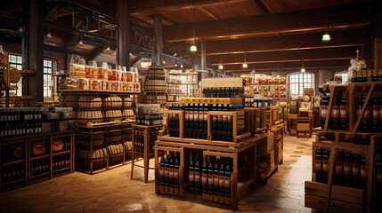 wine stores, beer barrels and bottles