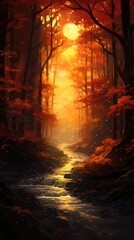 Obraz premium Tall trees with radiant autumn colors stand amidst mist, sunlight creating magical aura. Mystical forest views.