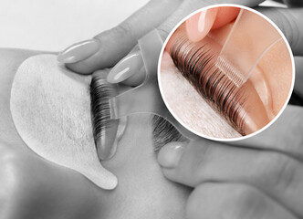 Make-up artist makes the procedure of lamination and dyeing of eyelashes to a beautiful woman in a...